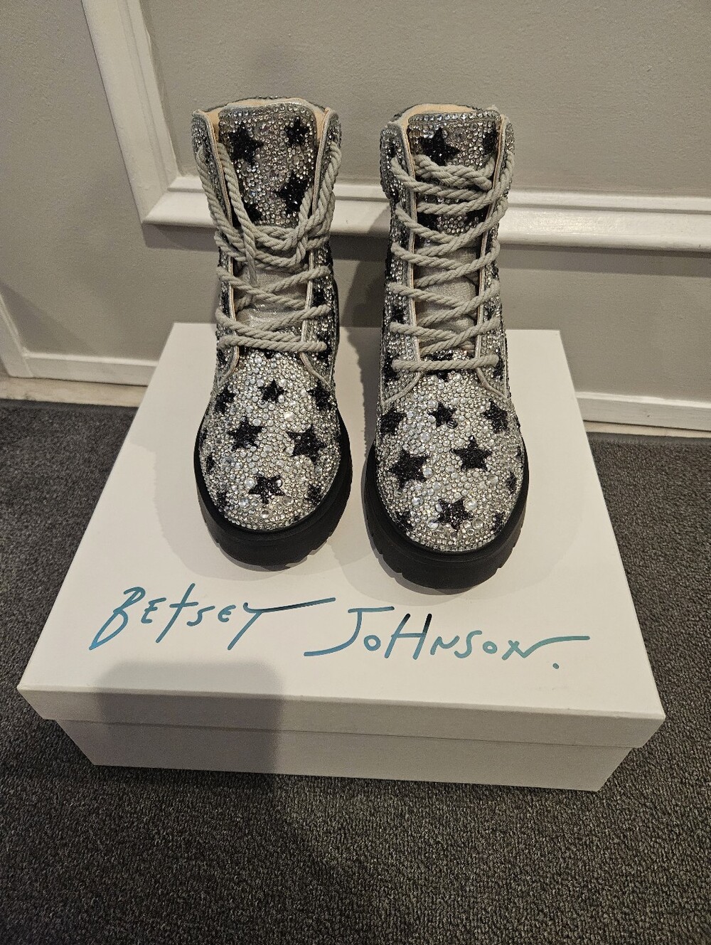 Betsey Johnson Rhinestone & Black Star Combat Boots Size 7M. Brand New